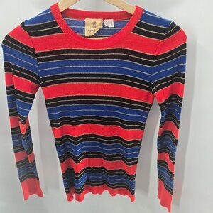 Vintage Tom Boy of California Blue Black Mod 70s Striped Crewneck Small